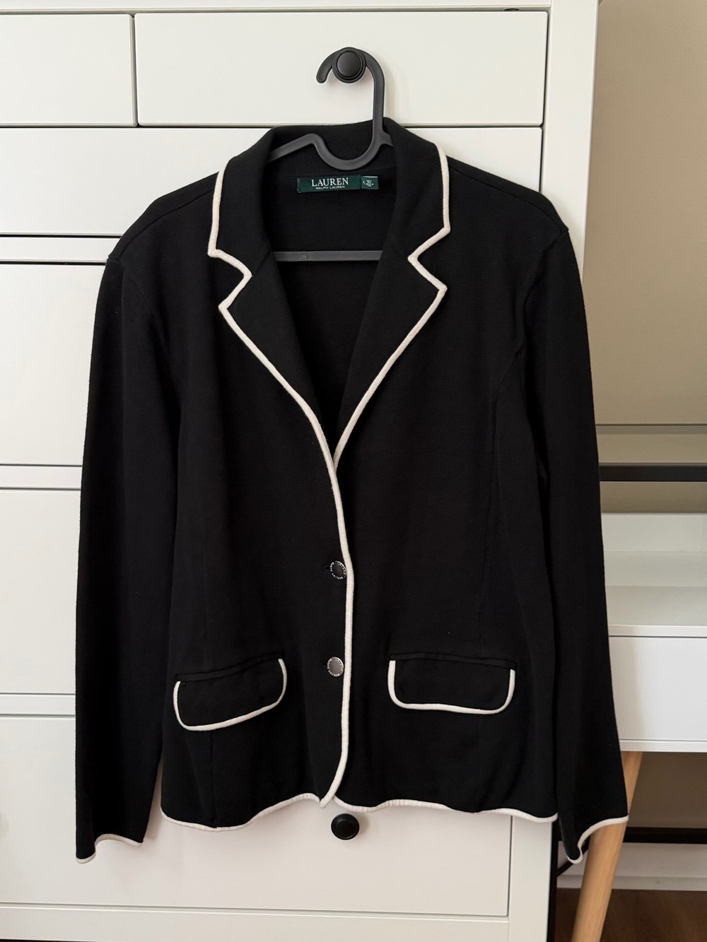 NWOT Lauren Ralph Lauren Black Contrast Piping Knit Blazer Jacket Size PL